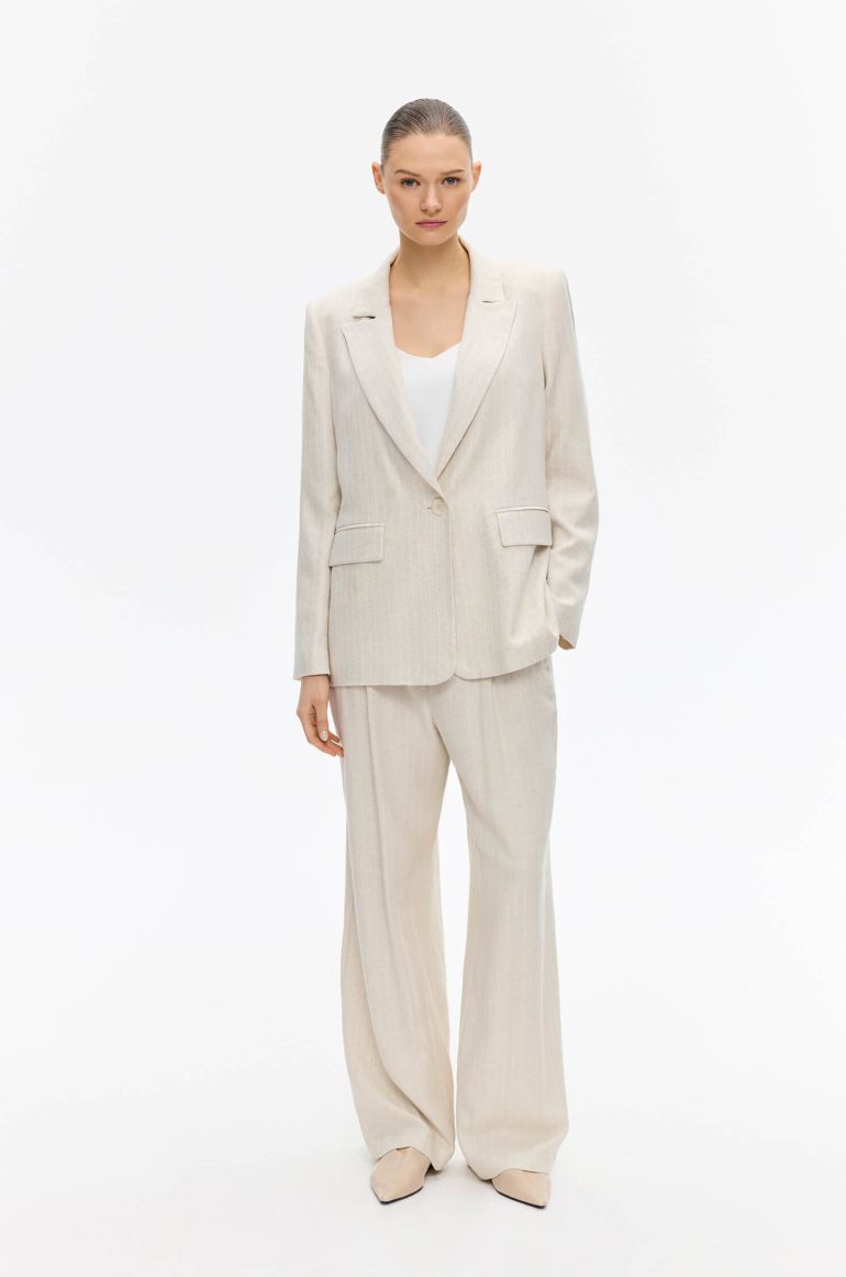 Beżowa jednorzędowa marynarka w delikatny prążek