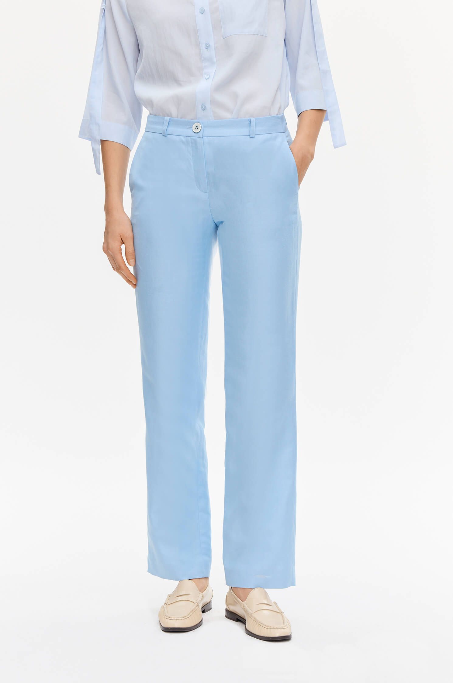 Błękitne spodnie z lnem Solar Obraz 2